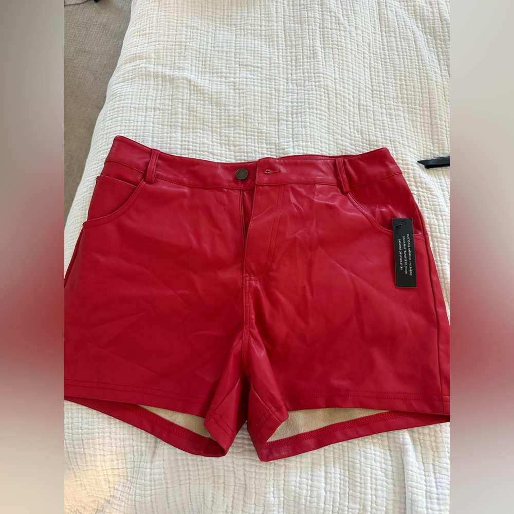Red High Waist Leather Shorts